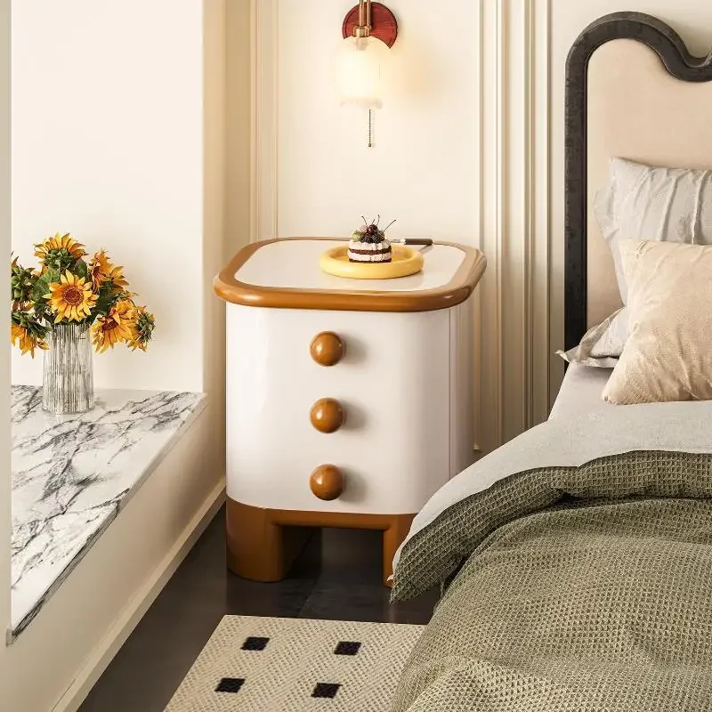 Cute Cartoon Kids Bedside Table Round Knobs Two-Tone Anti-Collision Edge Compact Toddler Bedroom Decor Nightstand End Table