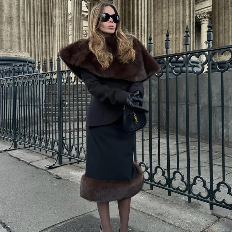 2 Piece Sets Fur Feather Skirts Outfits Women 2026 New Cover up Shawl Top And Long Skirt Sets Elegant Streetwear Skirts Suits