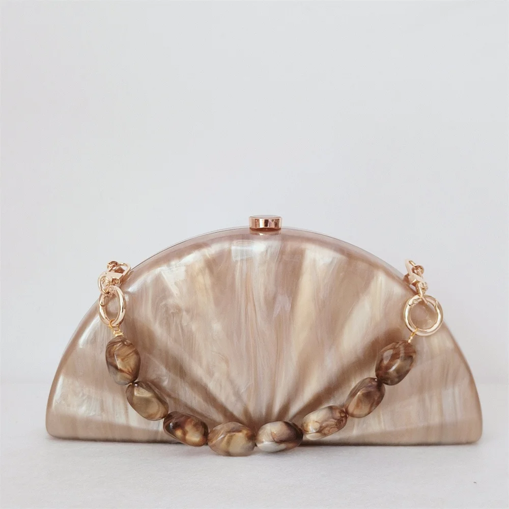 

Brown Beaded Acrylic Shoulder Handbag Evening Party Clutch Luxury Brand Half Room Bag Sector Semicircle Wedding Crossbody Purse