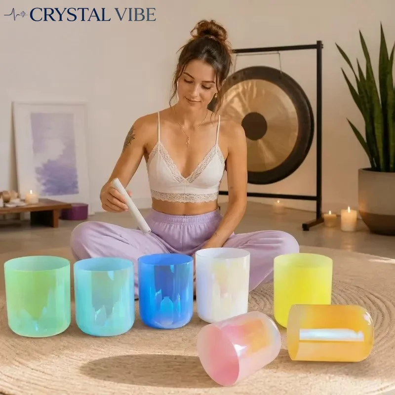 CRYSTAL VIBE 432Hz Cosmic Light Clear Crystal Singing Bowl Alchemy Sound Healing Meditation Chakra Balance with Bag 7pcs