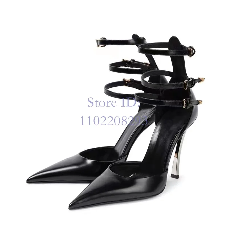 Sandales à Talons Aiguilles Noirs Pointus pour Femme, Ceinture en Métal, Couleur Unie, Sangle Arrière, Talons Couvrants, Nouvelle Collection Été 2024