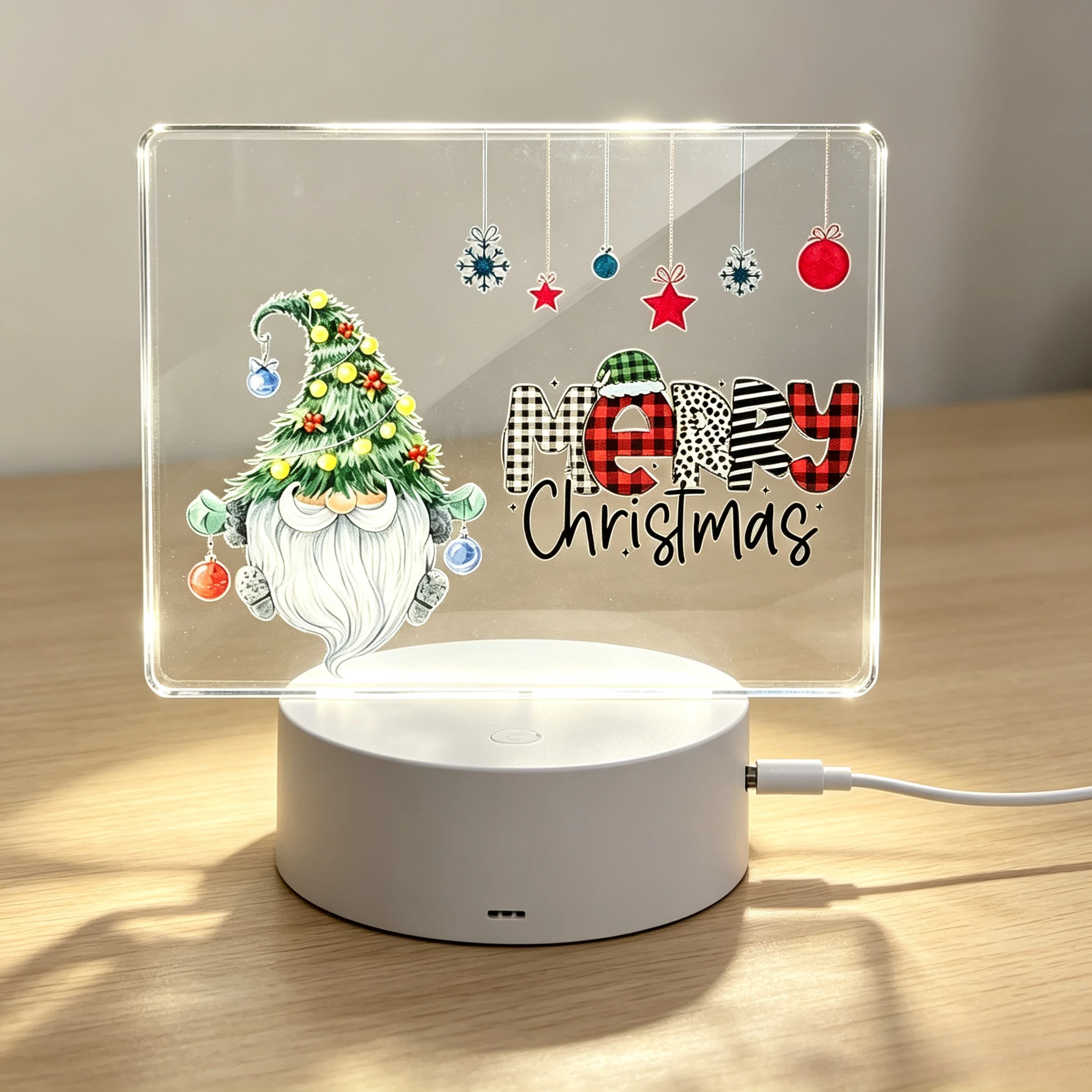 Merry Christmas Gnome Christmas Tree Hat Square Acrylic LED Night Light USB Powered Bedside Lamp Buffalo Plaid Ornament Balls Snowflake Xmas Home Holiday Decor Gift