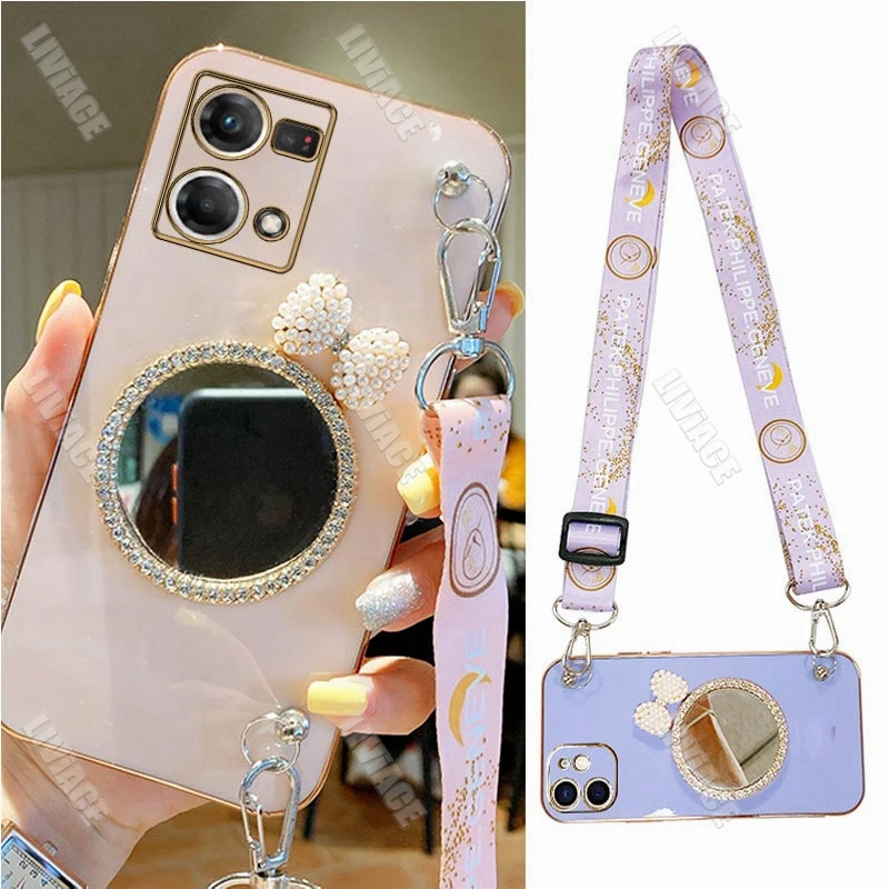 Diamond Mirror Lanyard Strap Case For Oppo Reno7 Reno8 Reno9 Reno 7 8 9 Pro Plus 8T 4G 5G 2 2Z 2F 3 5 6 6Z RenoZ Stand Cover