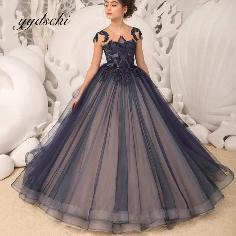 Customized Deep Blue Flower Girl Dresses For Wedding Crystal Pleat Ball Gown First Communion Dress for Kids Pageant Party 2024