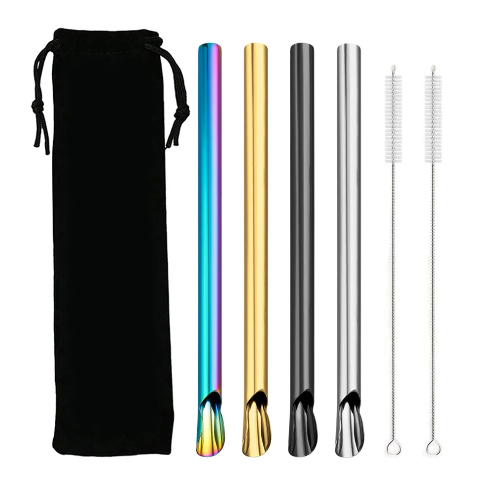 Reusable 304 Stainless Steel Straw Pearl Milkshake Bubble Tea 7Pcs Straw with Brush Bag Set Stirring Smoothie Spoon Shaped Straw