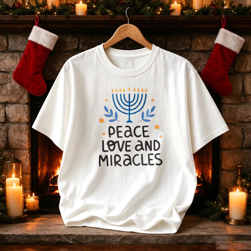 Peace Love and Miracles Hanukkah Menorah Olive Leaves Star Graphic Print Casual Cute Jewish Festival of Lights Holiday T-Shirt
