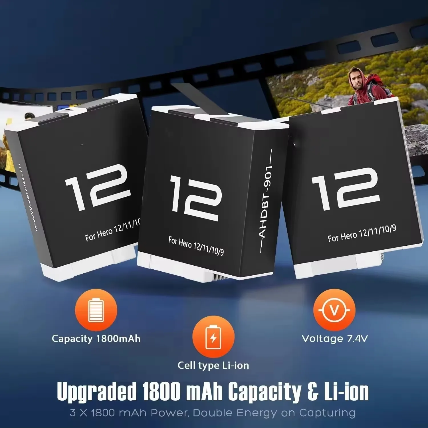 Akumulator do GoPro Hero 12 11 10 9 Motion Camera 1800 mAh Akumulator 3 gniazda Ładowarka LED Pudełko do przechowywania GoPro — zdjęcie produktu 3