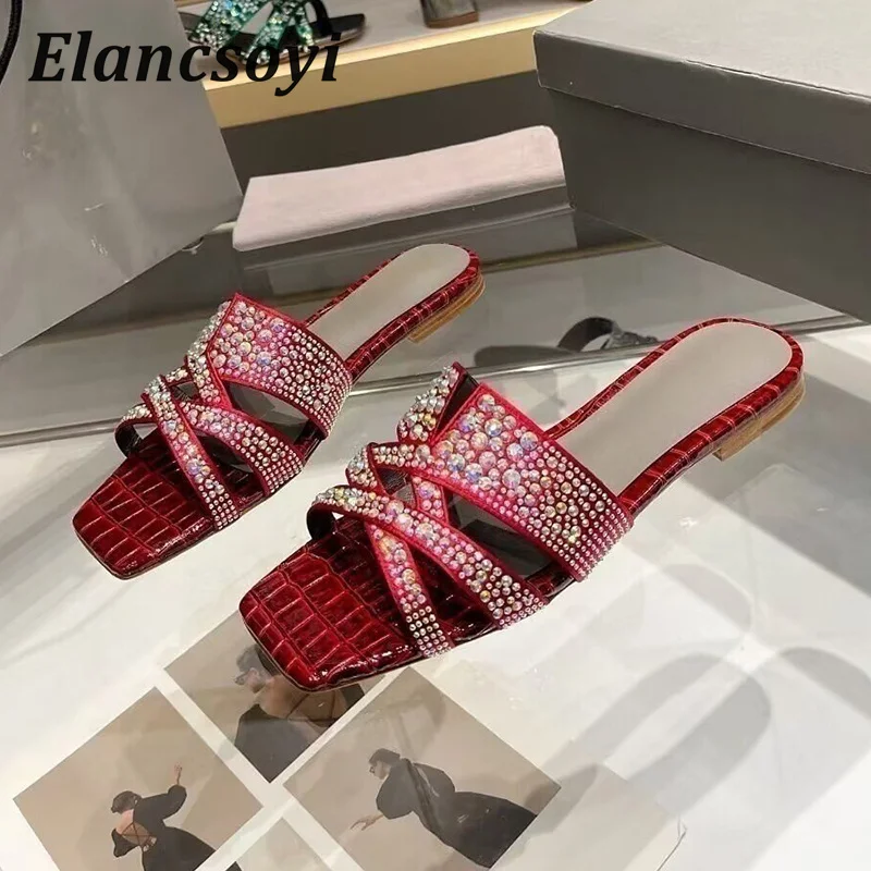 لامعة حجر الراين نعال مسطحة المرأة ساحة تو قدس الصنادل كسول الصيف شباشب على الموضة في الهواء الطلق عطلة أحذية الشاطئ #6