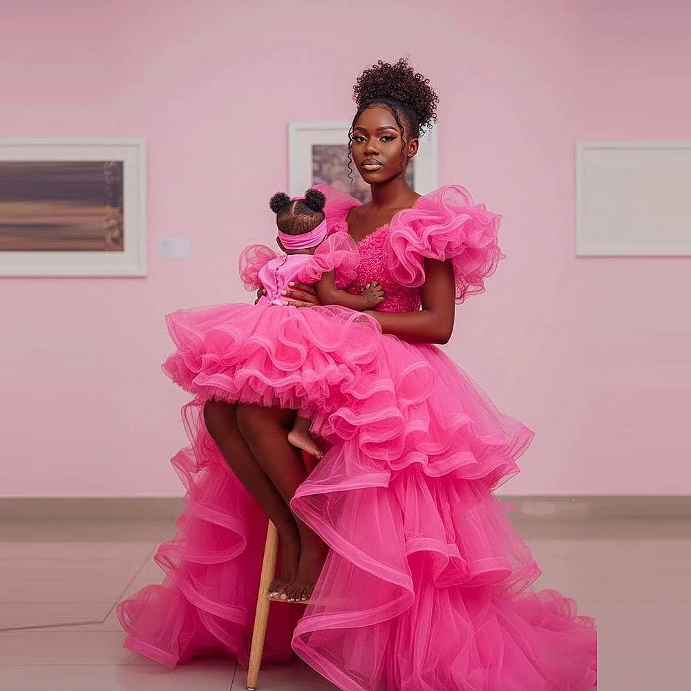 

High Low Fuchsia Mother and Daughter Dress With Beads Ruffles Tulle Mommy and Me Birthday Dress For Photo Shoots Christmas Gown