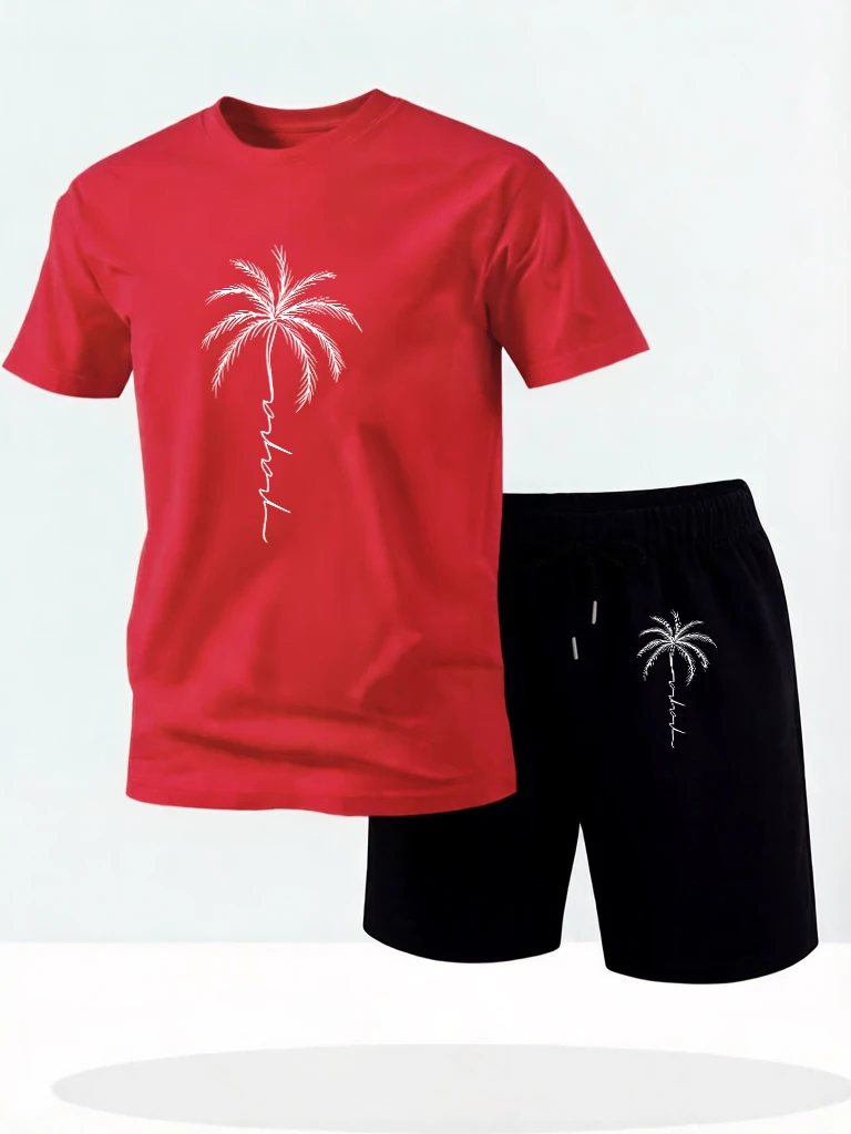 

Coconut Tree Creative Sketch Print Man Cotton Breathable Street Clothing Summer Simple TShirts Sets Pocket Loose Fashion Shorts