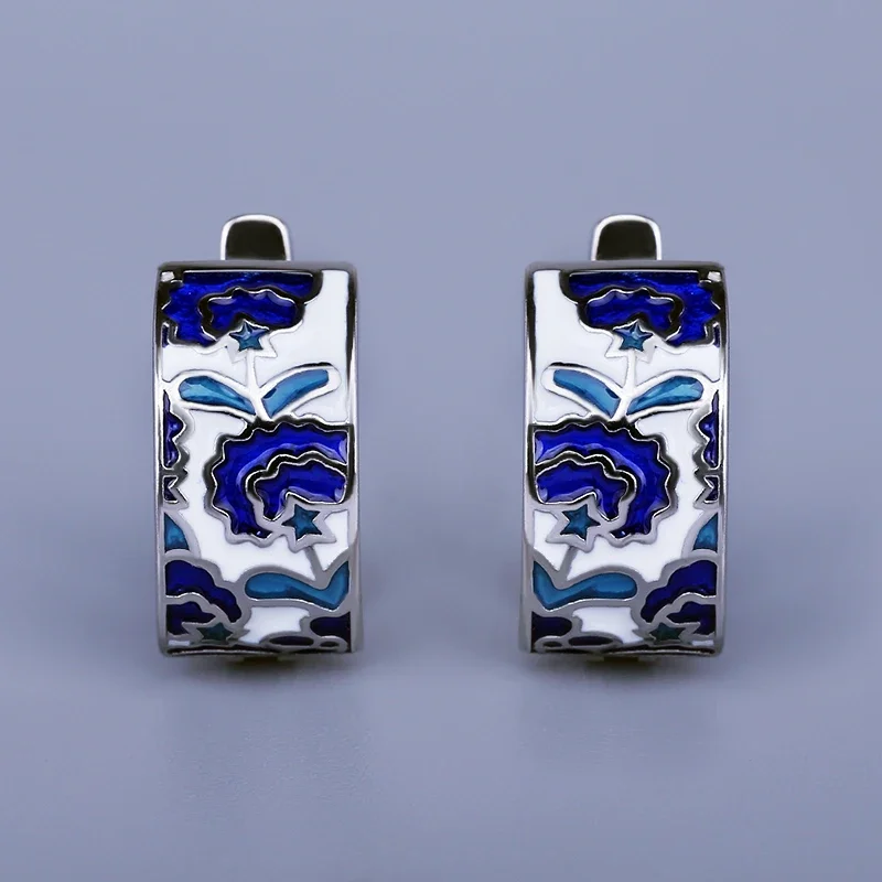 Pendientes clásicos para mujer, pendientes de esmalte azul hechos a mano con forma de flor, joyería de fiesta a la moda, pendientes para mujer