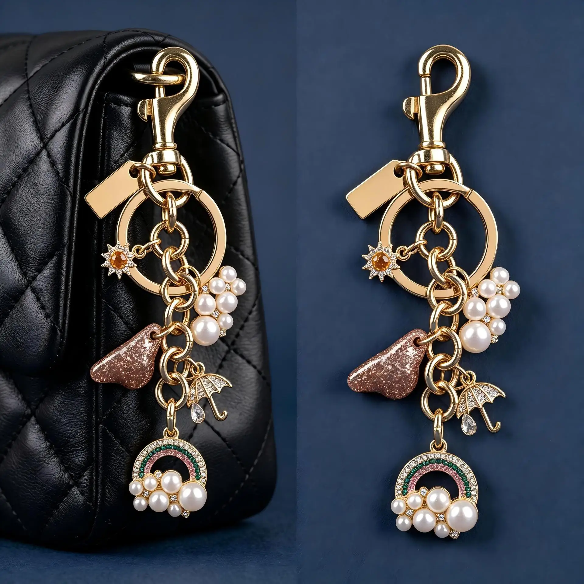 Crystal Rainbow Purse Charm Gold Rhinestone Pearl Keychain Whimsical Anti Tarnish Bag Accessory For Women Designer Handbags Gift