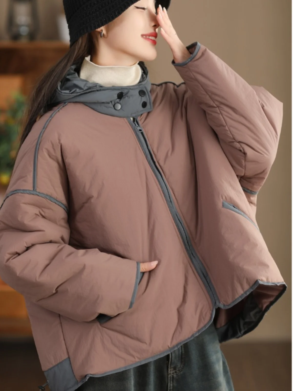 

Retro Contrast Color Workwear down Cotton Jaet Women's Autumn Winter Lightweight Hooded Warm Cotton Coat Outerwear