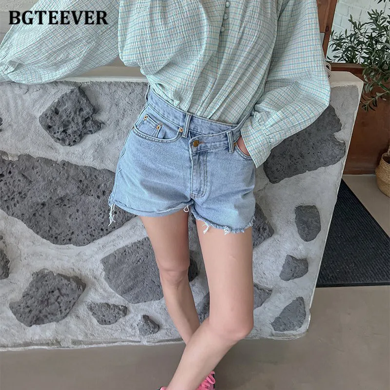 BGTEEVER Summer Irregular Tassel Hem Women Denim Shorts Casual Loose Female Wide Leg Jeans Shorts