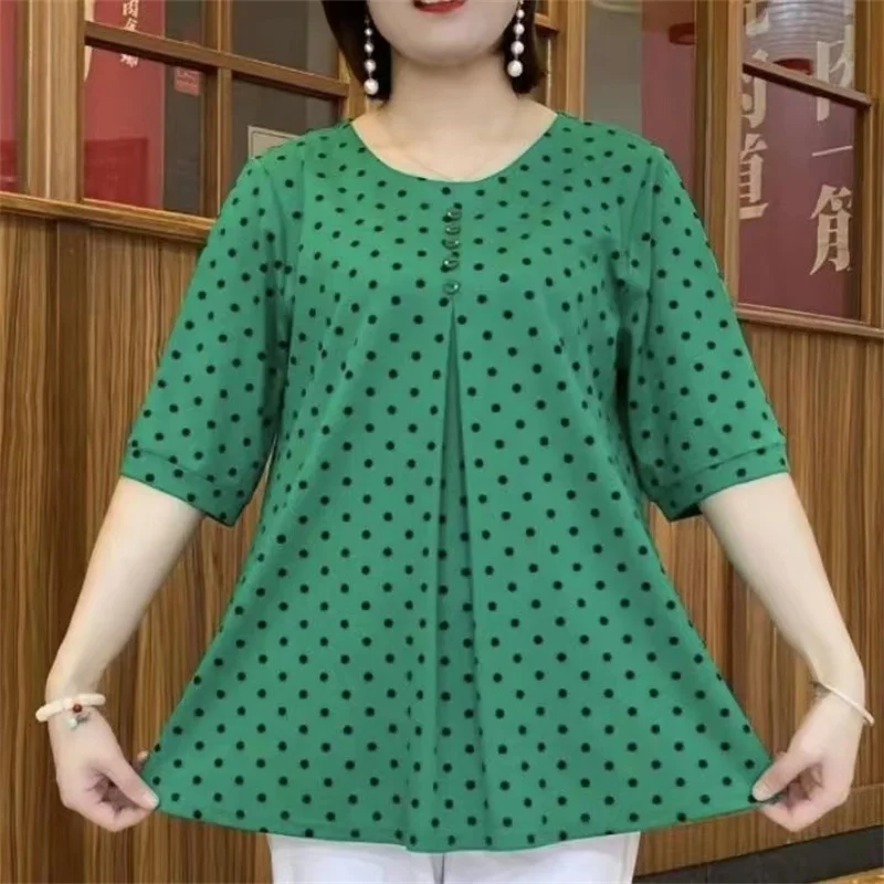 

7XL Women Loose Spring Autumn Shirts Lady Fashion Casual Polka dot printing Half sleeve O-Neck Collar Button Blusas Tops