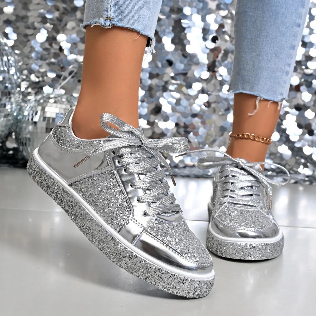 

Women's spring and autumn casual flat sequined shallow lace-up sneakers, large-sized casual shoes