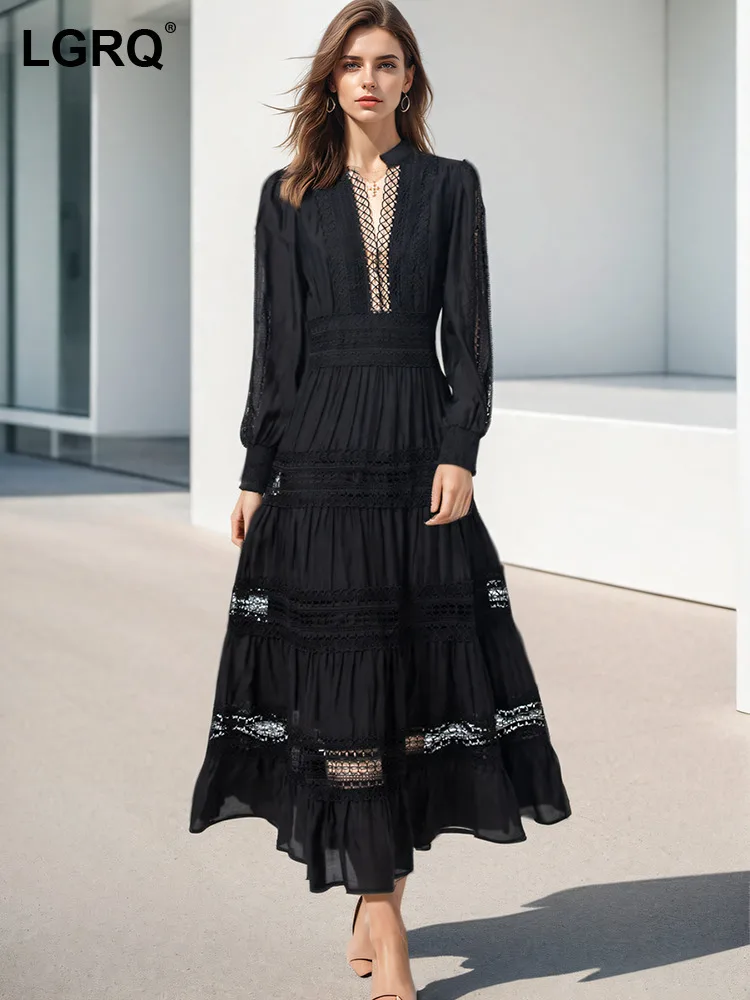 

LGRQ Women's Lace Patchwork Evening Dress Fashion Long Sleeve O-neck Hollow Out Elegant Dresses 2024 Summer New Clothes19ZZ727