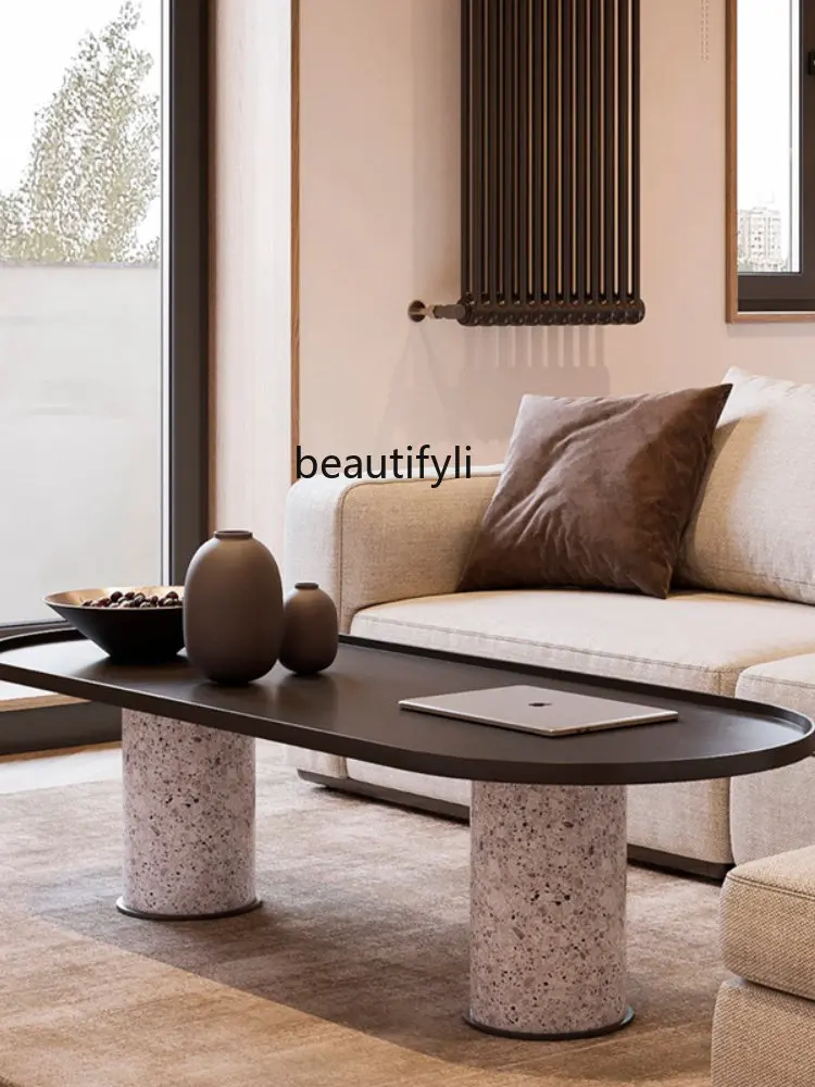 yj Nordic Terrazzo Coffee Table Light Luxury Living Room Sofa Coffee Table Oval Metal Tea Table