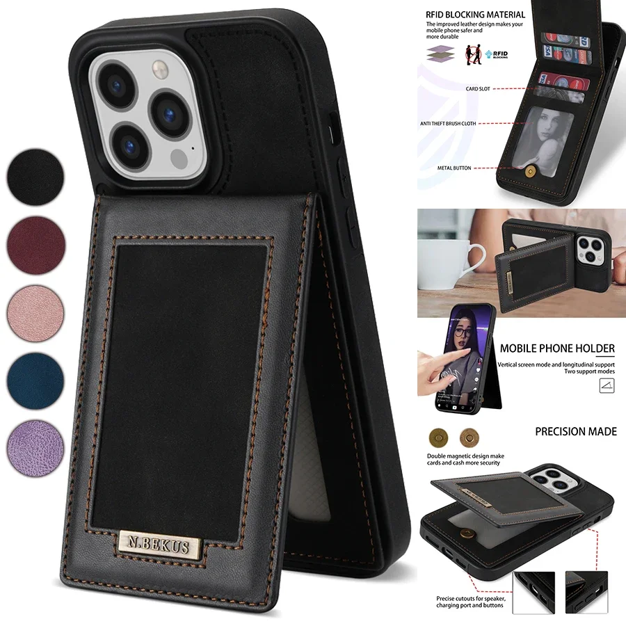 

Wallet Top And Bottom Open Side Card Slot Magnetic Flip Leather Case For iPhone 17 Air 16e 16 Pro Max 15 Plus 14 13 12 11 XR
