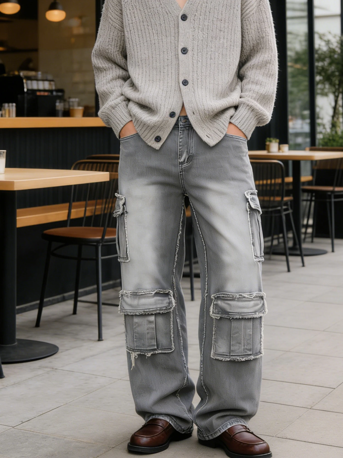 Vintage distressed frayed multi-pocket workwear jeans, men's loose straight-leg trendy versatile casual pants