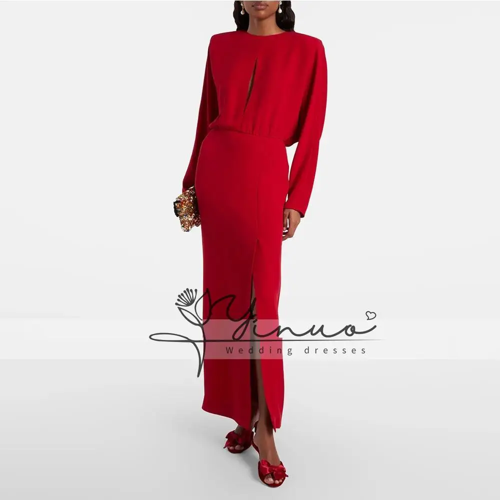 Customized Evening Gown For Wedding Sheath Formal Party Dress Floor Length Long Sleeves Prom Dress O Neck Saudi Dress