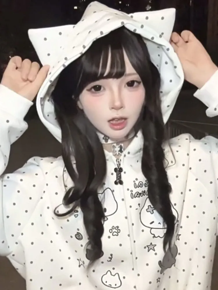 Autumn Winter Sweet Cute Cat Ear Hooded Hoodie Women Casual Kawaiii Polka Dot Print Design Coat Elegant Fashion Loose Jacket New - view 5