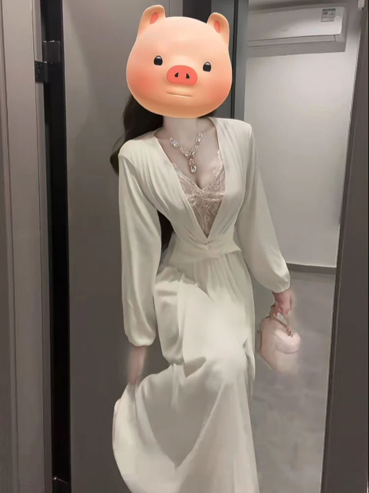 

Сексуальное кружевное длинное свековое белое платье с v-образным вырезом, женское осеннее платье с высокой талией, новинка Sle Ele H-образное платье, повседневная одежда