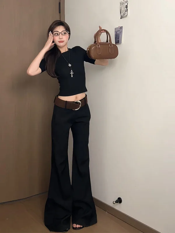 

Элегантные черные брюки-костюмные женские повседневные брюки 2025 года, новая модель, драпированные, стройнящие, микро-клеш, длиной в пол