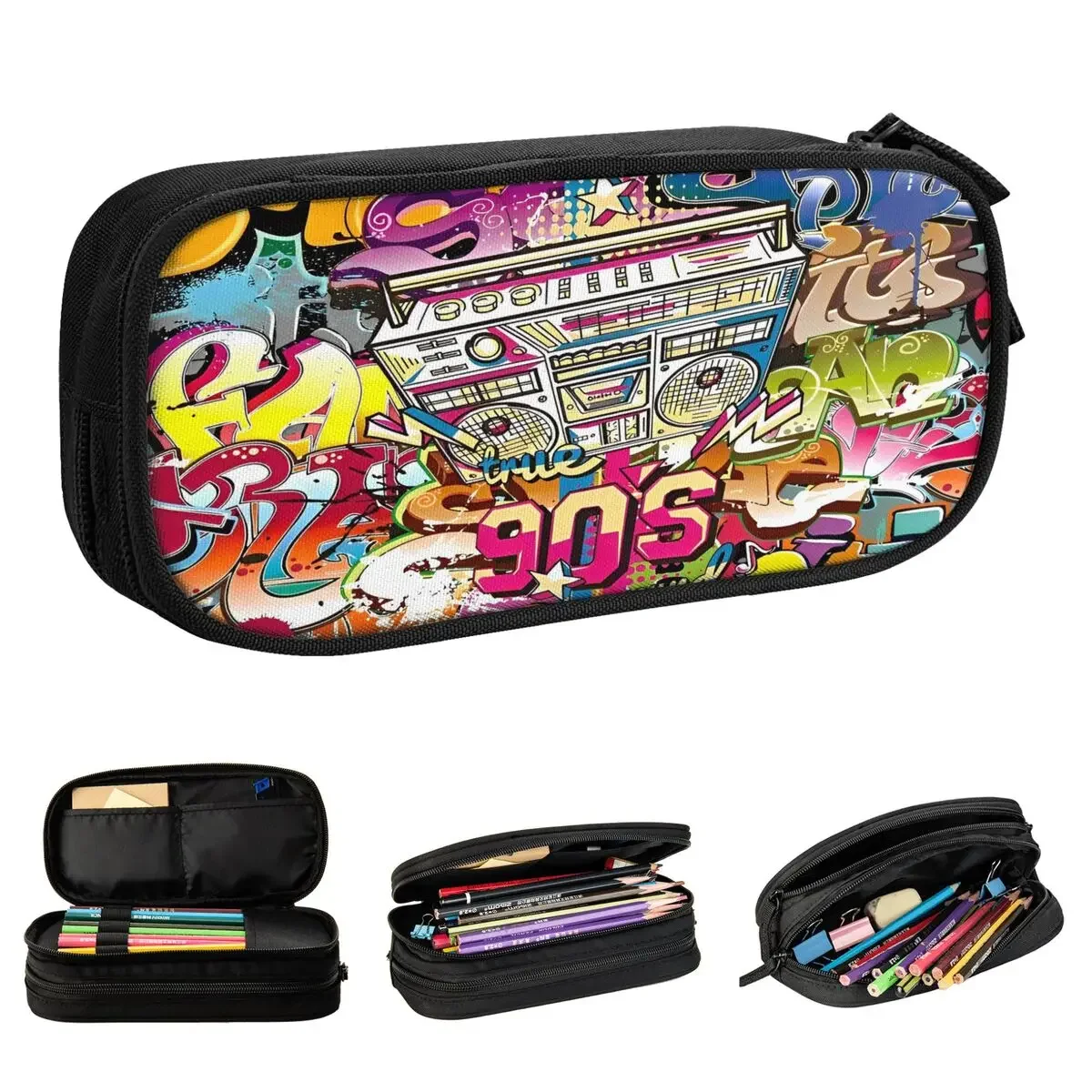

Cute 90s Music Comic Colorful Pencil Cases Pencilcases Pen Holder for Student Large Storage Bag School Supplies Gifts Stationery