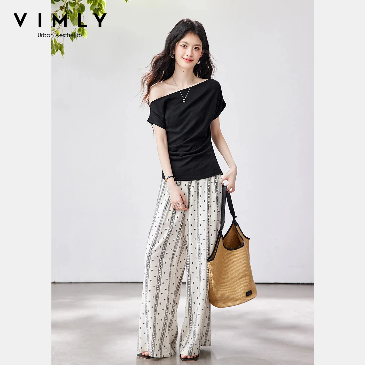 

VIMLY Women's Two-Piece Set 2026 Summer New Fashion Off Shoulder Slim T-shirt Vintage Print Wide Leg Pants Casual Outfit 30836