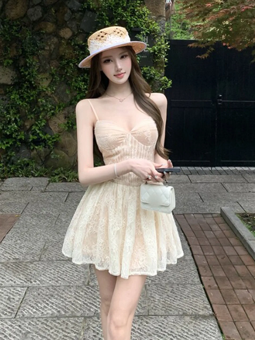 

Summer Soft Style V-Neck Waist-Cinching Slimming Strap Dress Small Size Extremely Popular Short Skirt Dress Gentle Wind