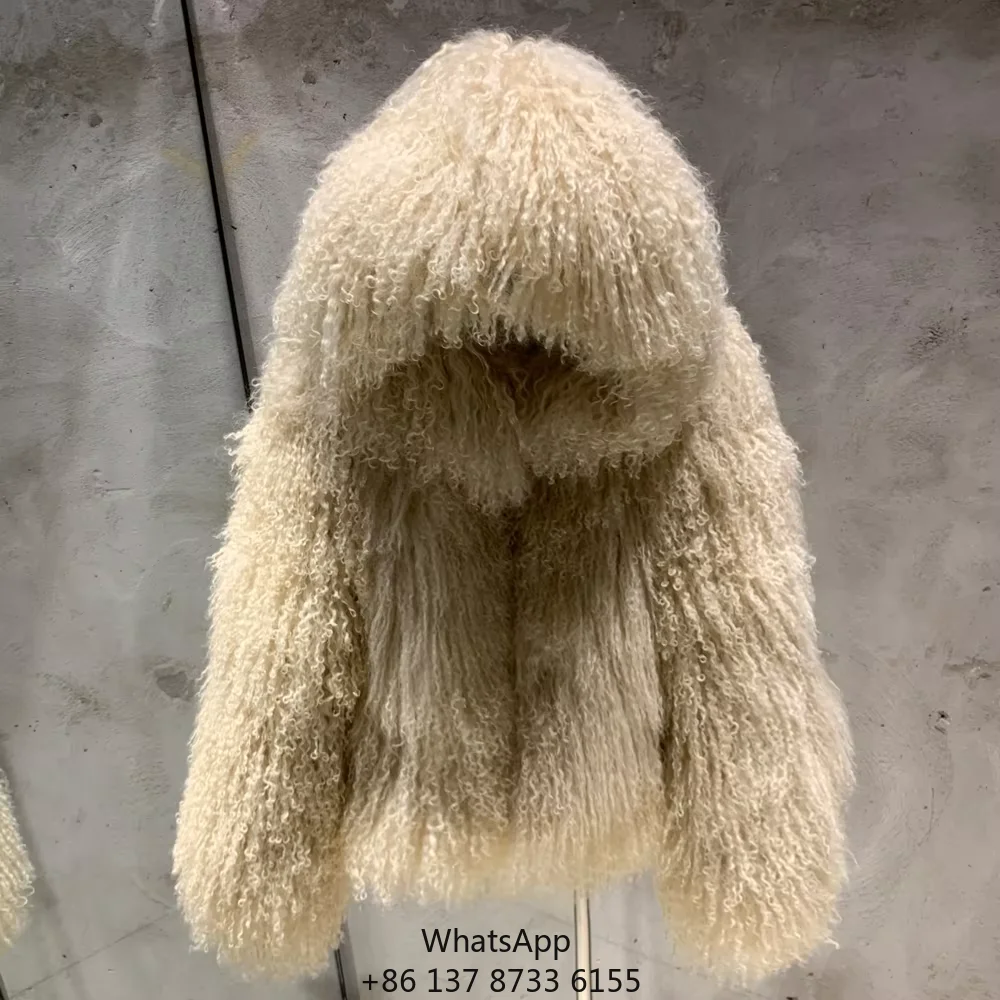

Trendy Beige Hoodie Fur Coats Winter Real Sheep Fur Women Coat Mongolian Fur Coat With Hood