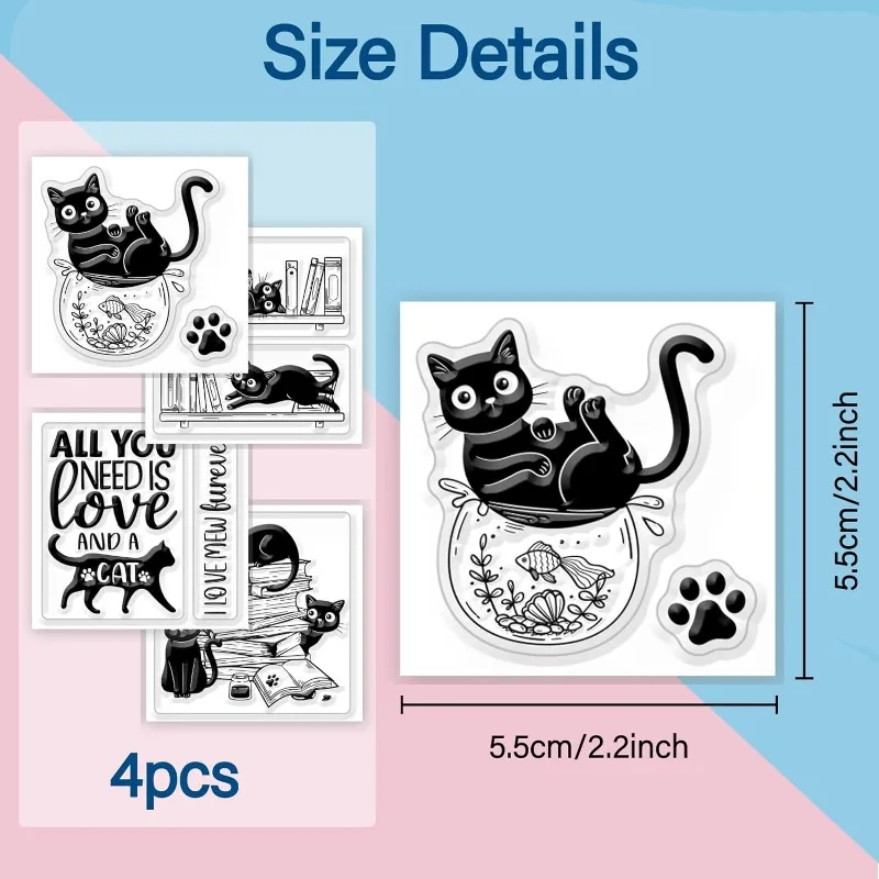 4Pcs Mini Cat and Book Clear Stamps for DIY Scrapbooking Mini Fish Tank Silicone Clear Stamp Seals Transparent Stamps for Cards