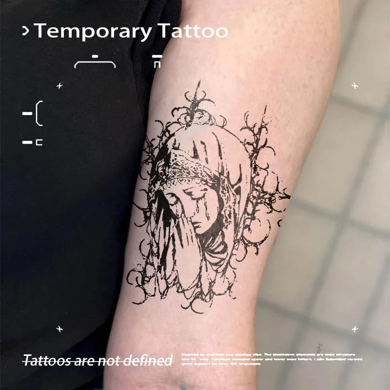 Dark Thorn Wrapped Virgin Mary Sketch Herbal Juice Tattoo Sticker Waterproof Fake Tattoo Unisex Forearm Religious Gothic Body