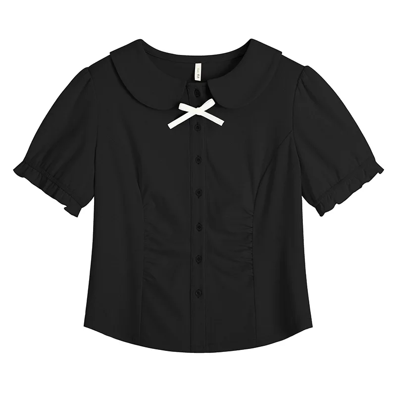 French college style age reducing doll neck top, suitable for plus size girls, slim fit and slimming short bubble sleeve shirt