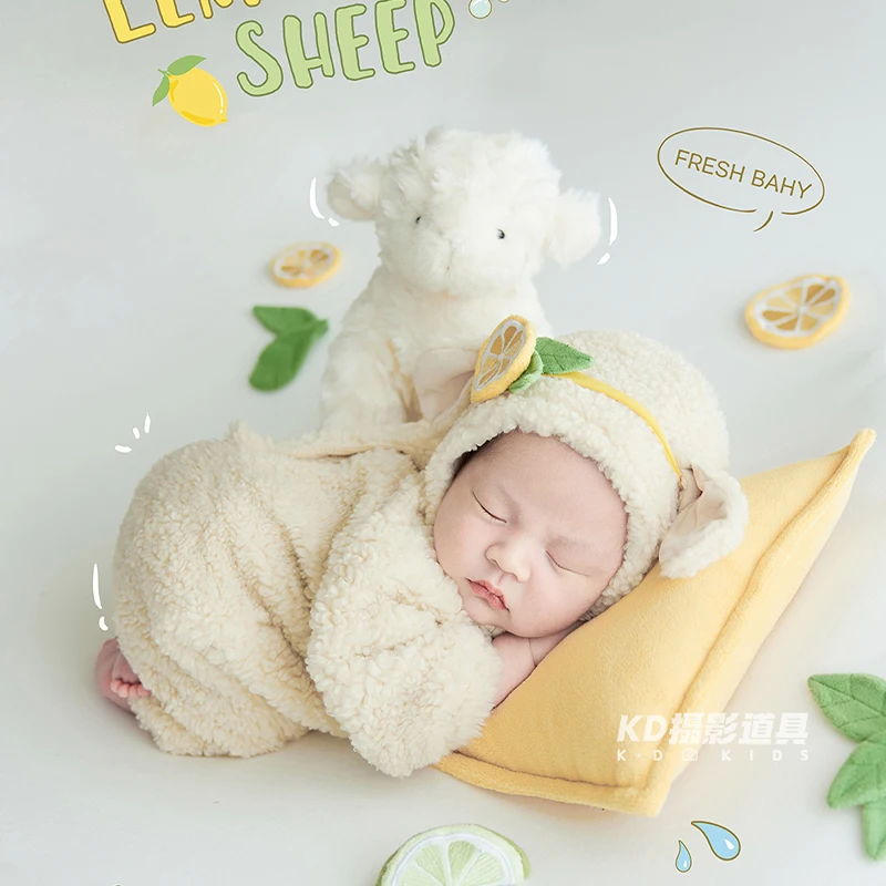 Newborn Photography Outfit Lemon Sheep Costume Set Baby Studio Photo Props Fluffy Romper Hat Pillow Full Set for Monthly Shoot