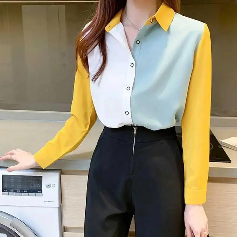 Women Fashion Contrast Color Turn Down Collar Button Shirt Spring Autumn Office Lady Casual Blouse Long Sleeve Loose Tops Blusas