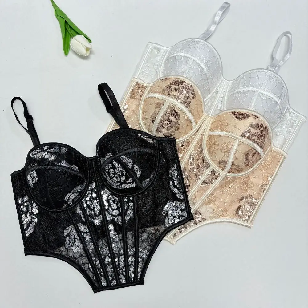 

Elegant Hollow Lace Sequin Camisole Transparent Sleeveless Lace Sequin Corset Slim fit Tanks Suspender Vest Travel
