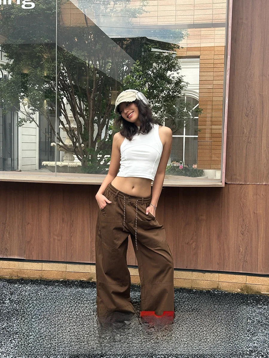 

High Waist Dstring Casual Pants Women's Coffee Color Lazy Sle Wide Leg Workwear Summer 2025 GO GO BURN Vintage Trousers