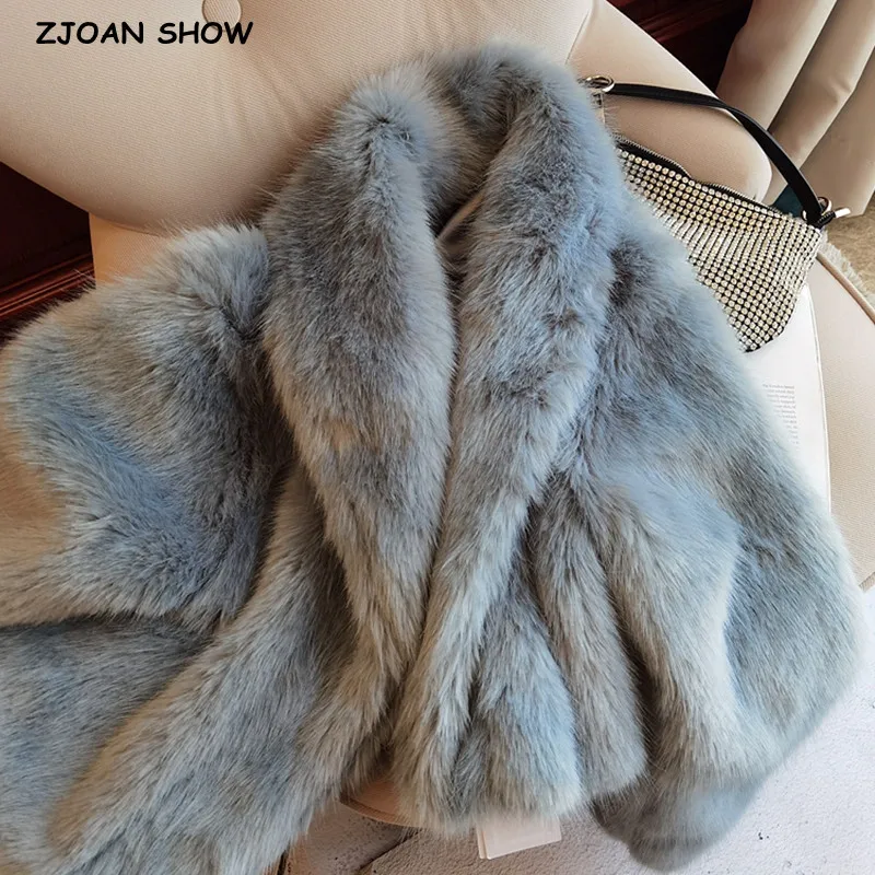 2021 Winter Women Shawl Collar Macaron Turquoise Faux Fox Fur Jacket Warm Soft Hairy Shaggy High Waist Short Coat  Outerwear