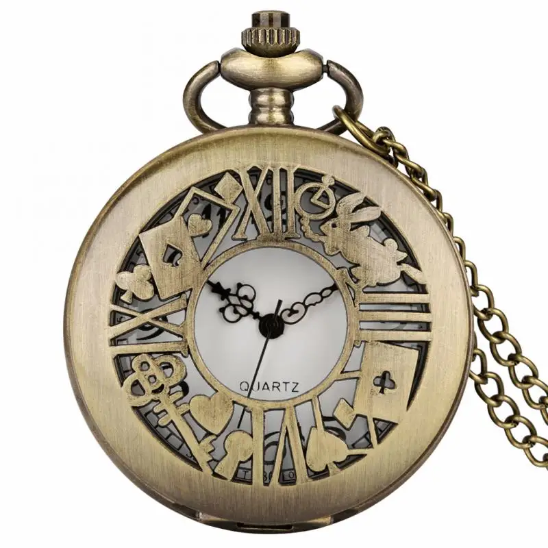 Montre-collier rétro en bronze creux pour femme, horloge de poche exquise, pendentif, cadeaux uniques, lapin de poker, vintage