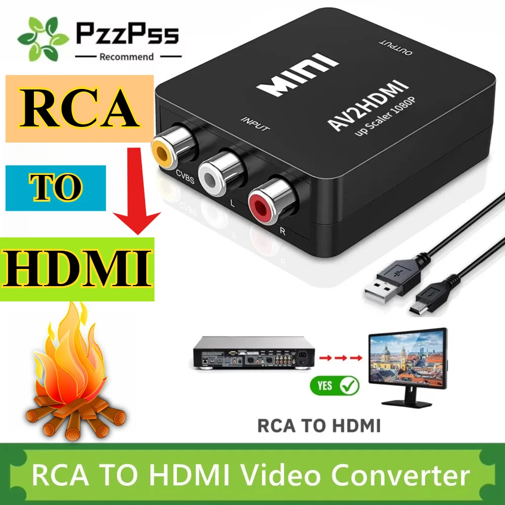 RCA AV To HDMI-compatible Converter AV/CVSB L/R Video Box HD 1080P 1920*1080 Support NTSC PAL Output AV To HDMI-compatible