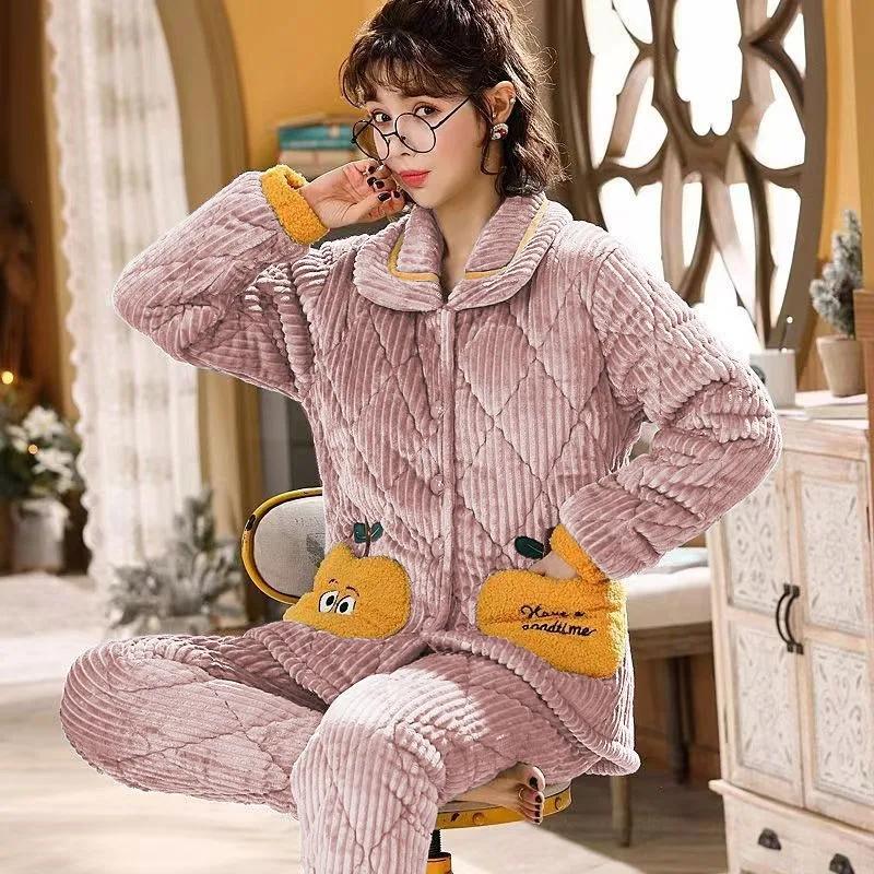 Women Coral Fleece Winter Pajamas Girls Thickened Velvet Cotton Loungewear Ladies Embroidered Three-layer Warm Sleepwear Suit