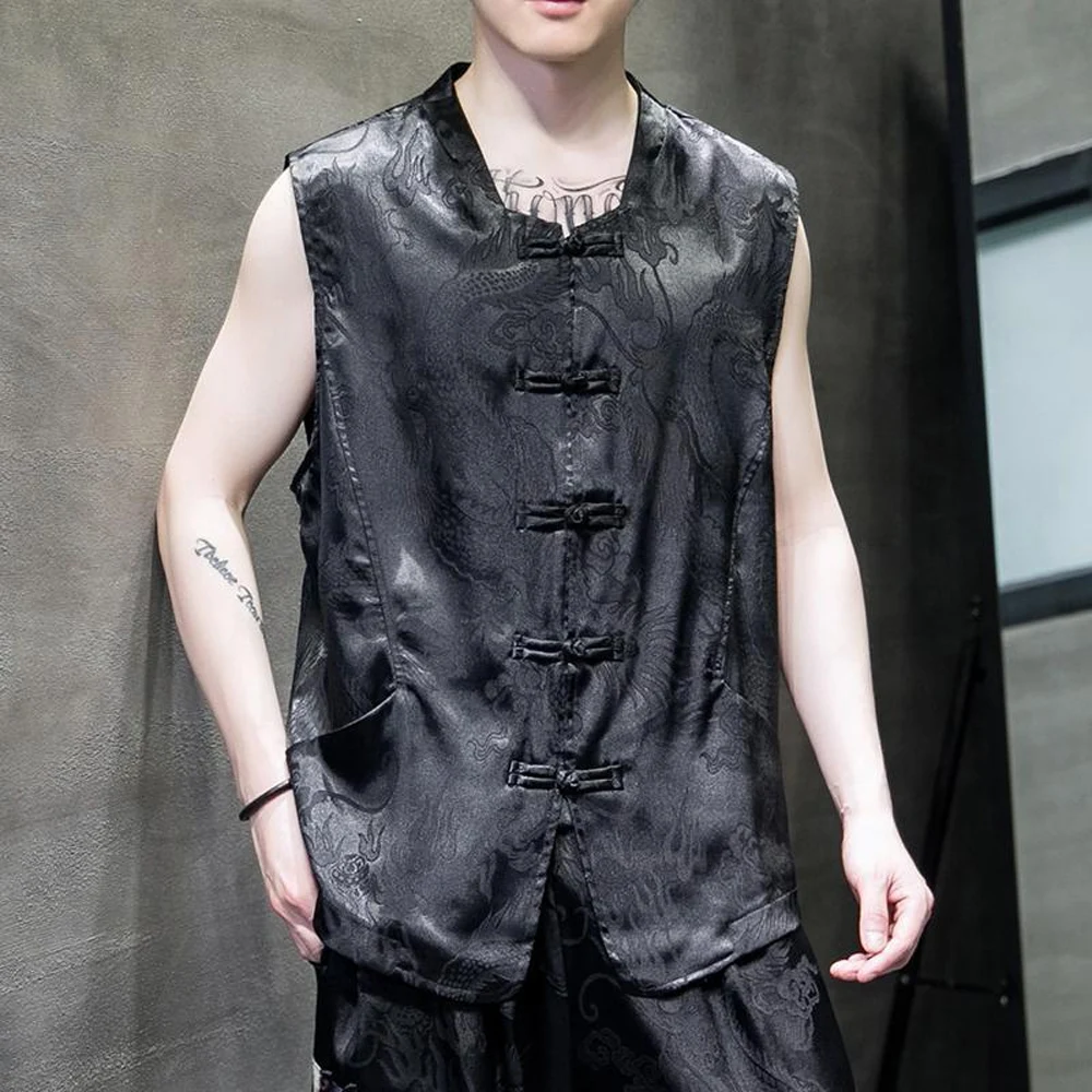 

Men's Chinese Style Sleeveless Vest with Dragon Pattern Retro Tang Suit Summer Casual Loose Cardigan Top 2026 New