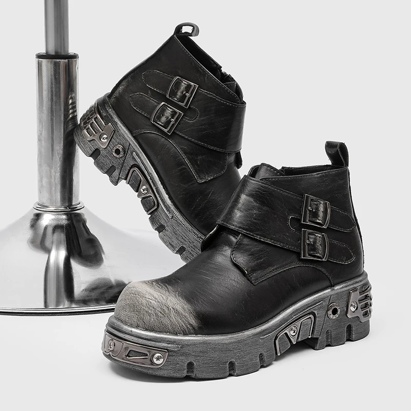 American Retro Rock Men Short Boots Silver-brown Color Men High-top Punk-style Thick-soled Anti-slip Boots Training Boots