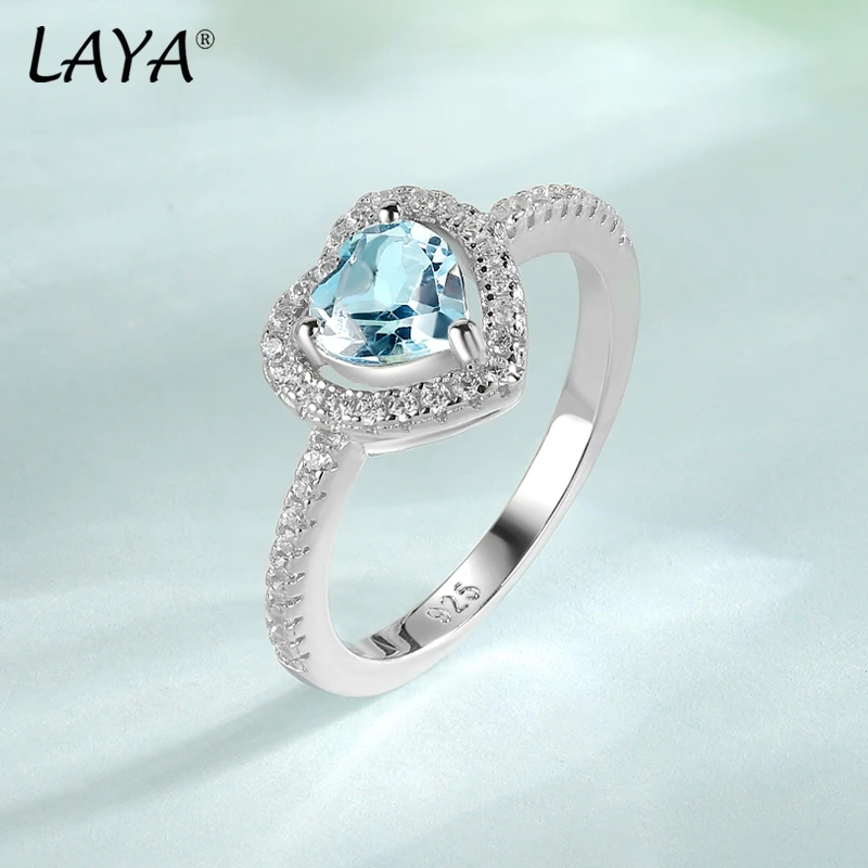 LAYA 100% 925 Sterling Silver Heart Brilliant Cut Gemstone Natural Sky Blue Topaz Rings For Women Wedding Engagement Jewelry