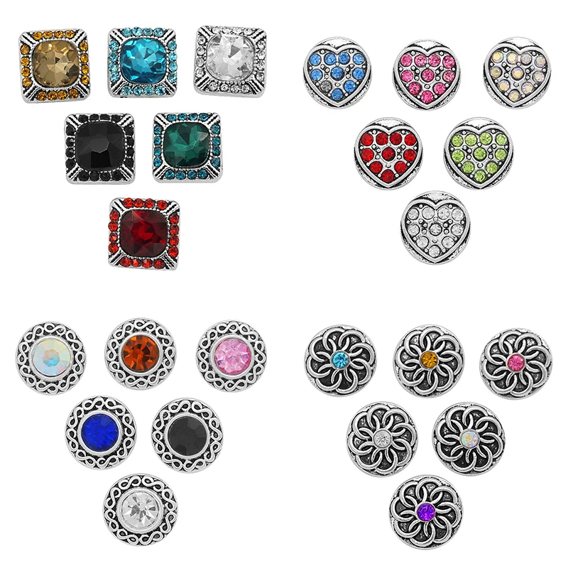 New beauty rhinestone colorful Round Square Rotational Metal 10pcs mixed 12mm snap buttons for DIY snap pendants jewelry