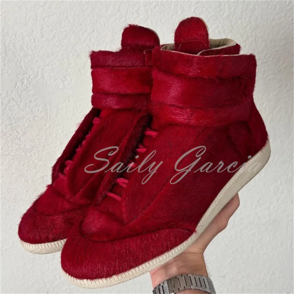 

High Top Short Fur Men Boot Round Toe Leather Outdoor Comfort Flat Sneakers Hook Loop Trendy Handmade Men Lace Up Ankle Boot