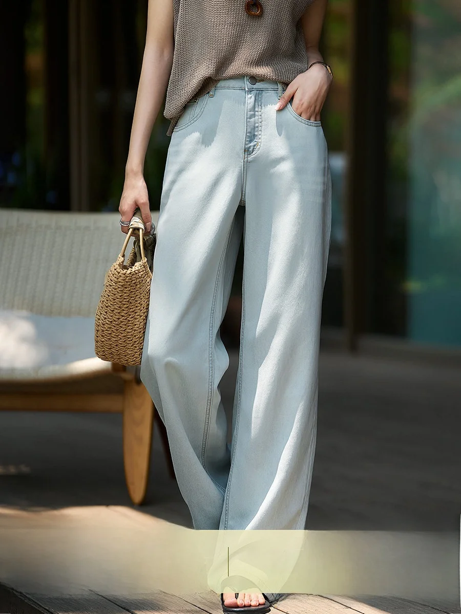 

Optimized Fabric Moonlight Ice Blue Silk Straight Leg Wide Leg Jeans Women's Jeans Comfortable Breathable l Waist Jeans