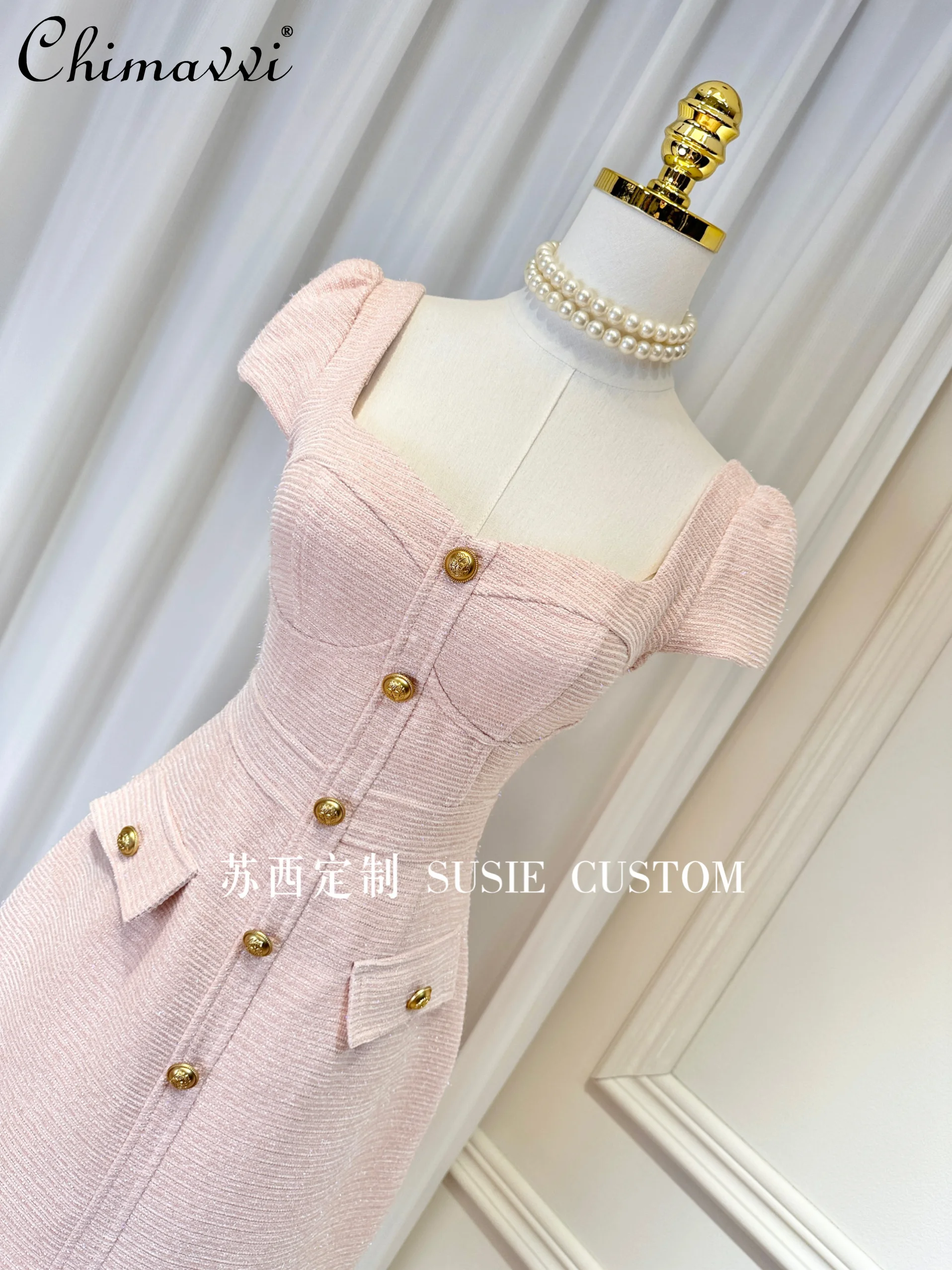 French Square Collar Chest Pad Raglan Sleeve Sleeve Metal Buckle Faux Pocket Sheath Dress Fashion Slim Bright Silk Thread Dress